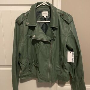 Nine West Green Faux Leather Moto Jacket with Asymmetrical Zipper